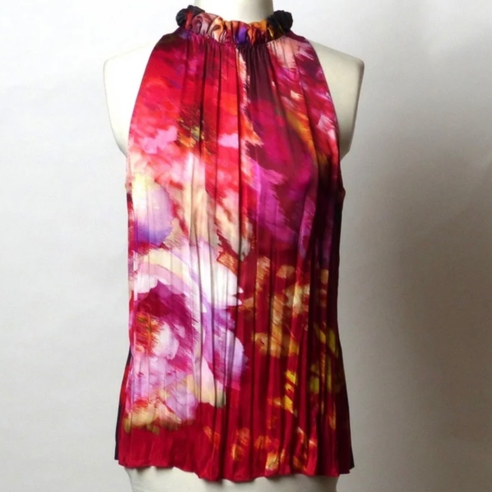 Elie Tahari Red Pink Floral Pleated Halter Top